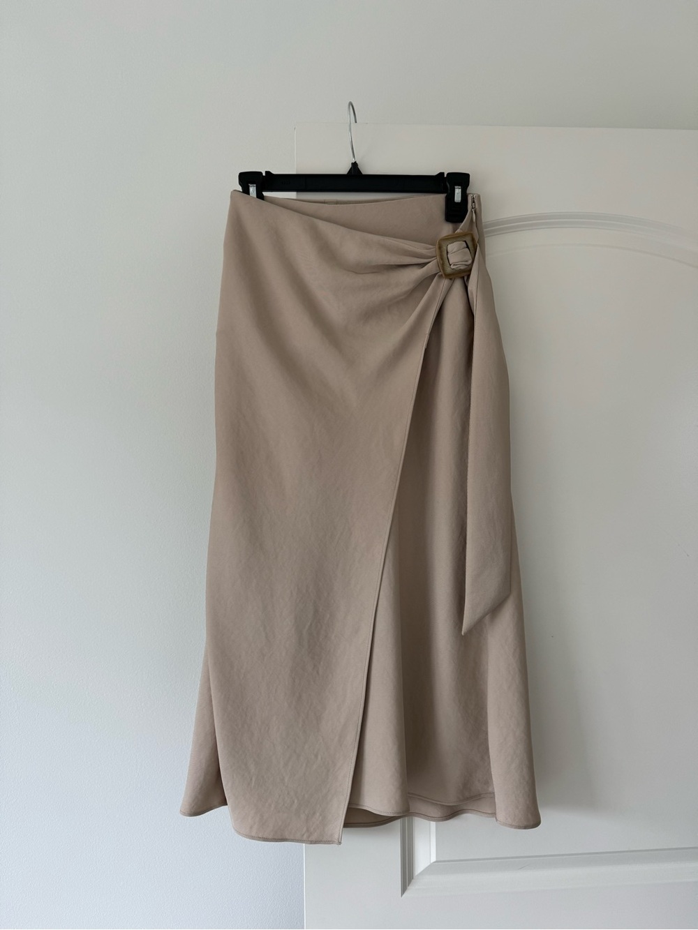 Beige Faux Wrap Midi Skirt with Buckle Detail